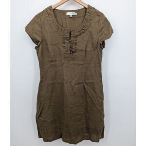 Boden Dress Size 10 Linen Shift Tunic Brown Ruffle Pleat Detail Cap Sleeve Knee